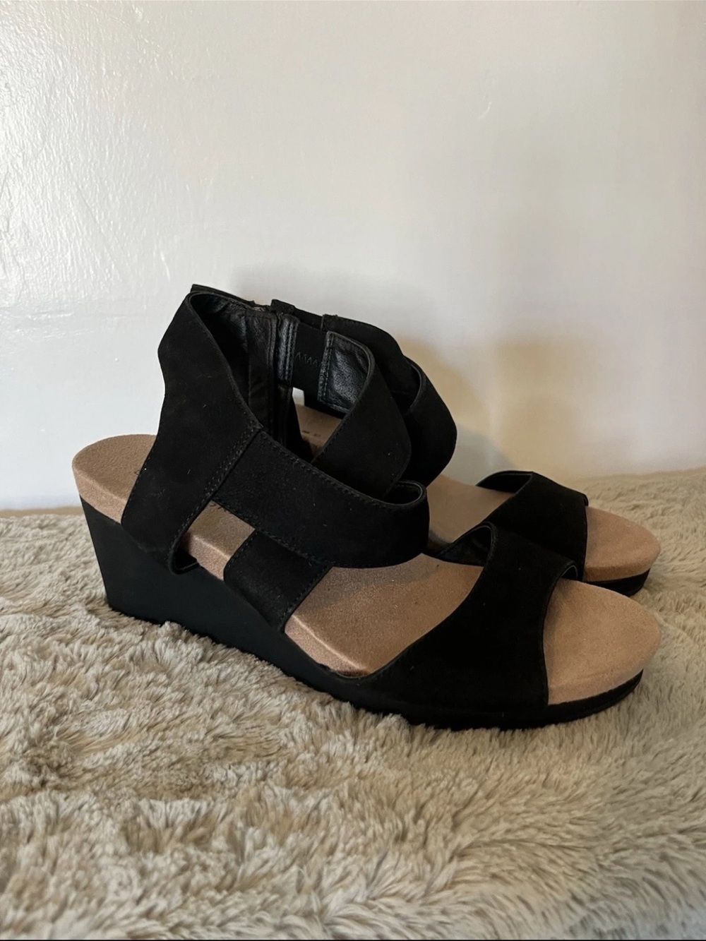 Lucky Brand Black Suede Wedge Sandals